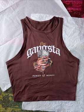 The Gangsta Graphic Crop Tank Top - Brown Small